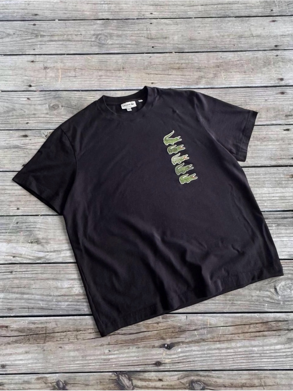 Lacoste Black Tee with Vertical Green Crocodile Logos
